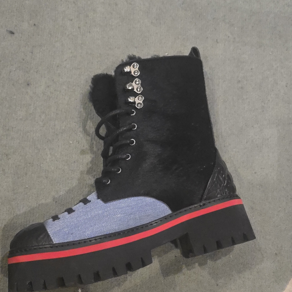 Women’s Black & Blue Lace-Up Platform Combat Boot with Red Accent